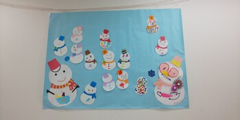 壁が寂しいと・・・、子ども達の自主参加で雪だるまを制作することに。ただいま、作品を受付中です。